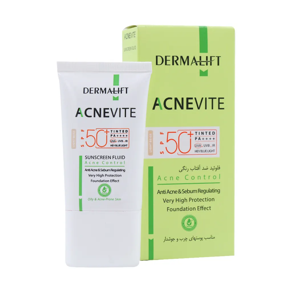 درمالیفت- فلوئید ضد آفتاب پوستهای چرب و جوشدار SPF50 آکنویت- بی رنگ 40ml