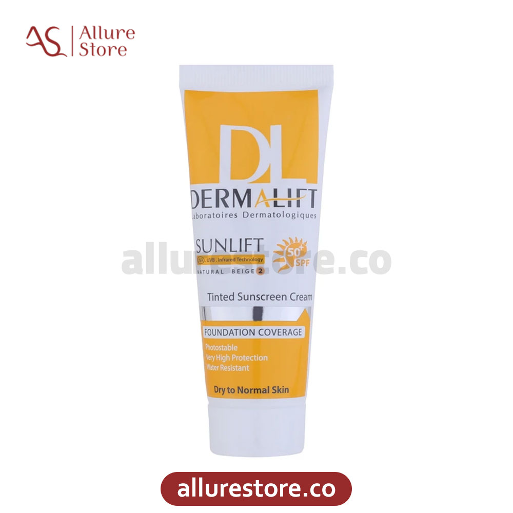کرم ضد آفتاب رنگی درمالیفت مناسب پوست های خشک و معمولی (کرم پودری بژ طبیعی 2) 40ml | آلور استور
