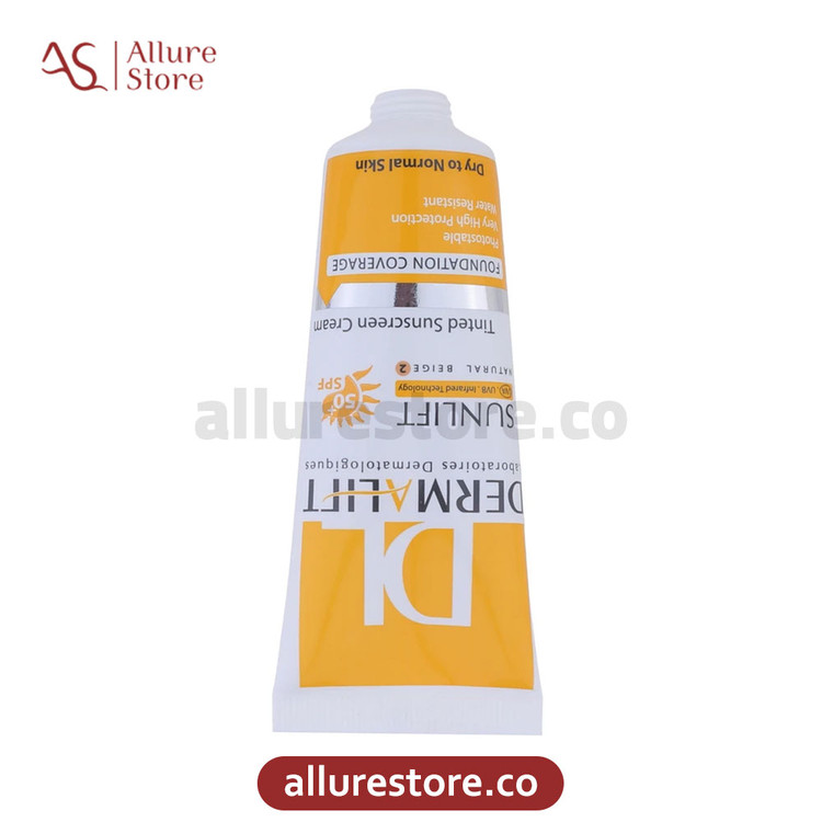 کرم ضد آفتاب رنگی درمالیفت مناسب پوست های خشک و معمولی (کرم پودری بژ طبیعی 2) 40ml | آلور استور