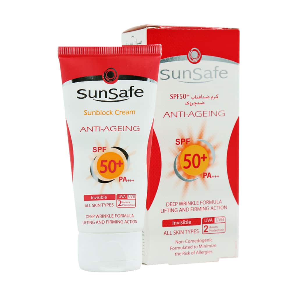 کرم ضد آفتاب و ضد چروک بی رنگ SPF50 سان سیف مناسب انواع پوست 50ML