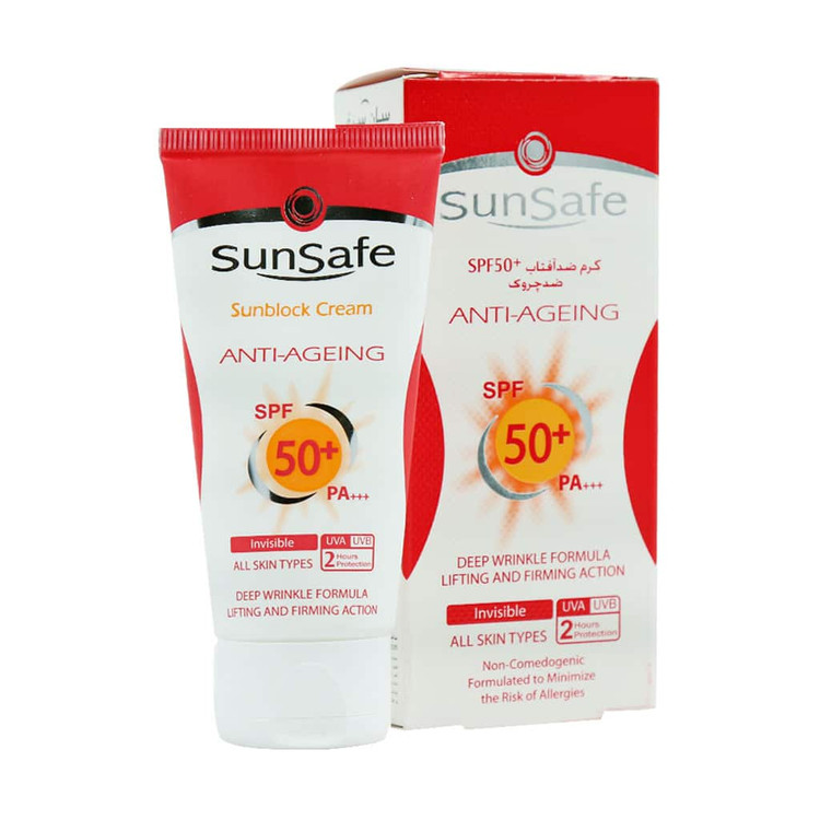 کرم ضد آفتاب و ضد چروک بی رنگ SPF50 سان سیف مناسب انواع پوست 50ML