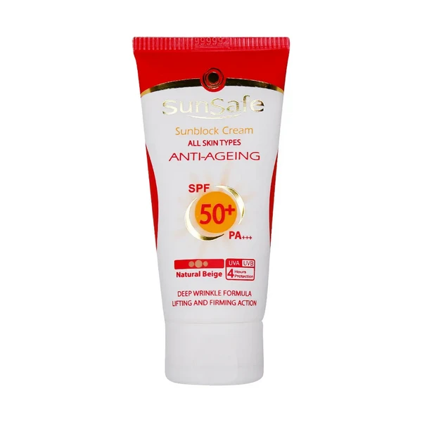 کرم ضد آفتاب و ضد چروک رنگی spf50 سان سیف رنگ بژ طبیعی 50ml
